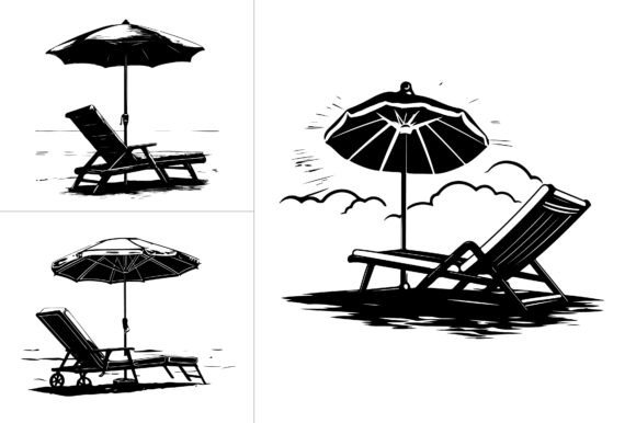 Beach Umbrella and Chair Silhouette Graphics for Crafts